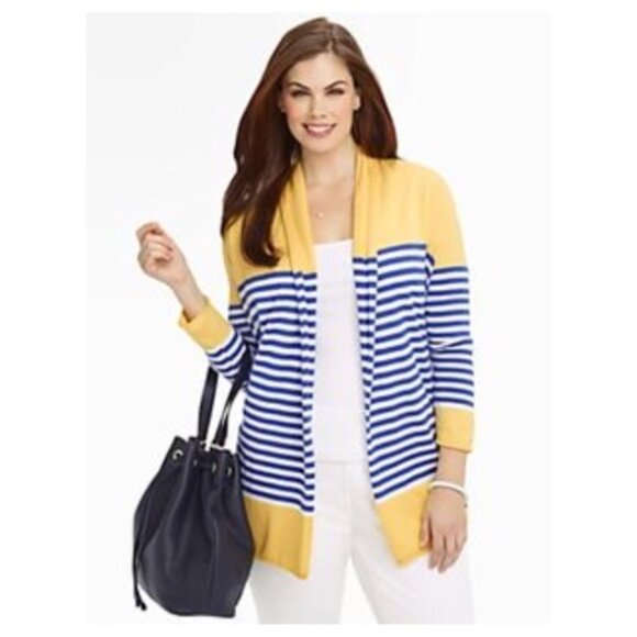 Talbots Sweaters - Talbots Blue Yellow White Stripe Cotton Blend Cardigan Sweater Sz petites M